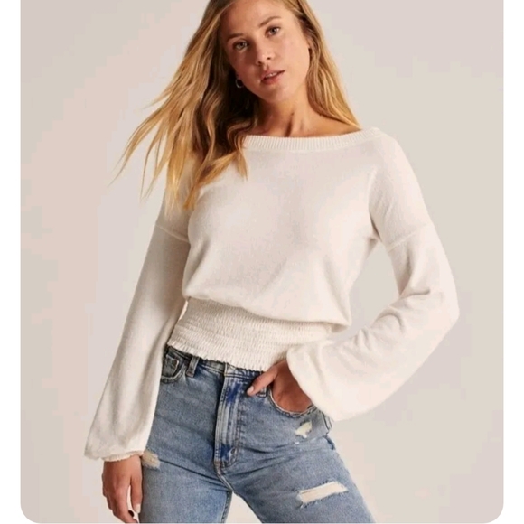 Abercrombie & Fitch Tops - Abercrombie Smocked Top S Ivory Soft A&F Cozy Cropped Boatneck Drop Long Sleeves
